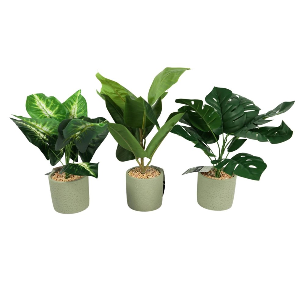 Kunst plant in cementen pot 40 cm 3 assorti