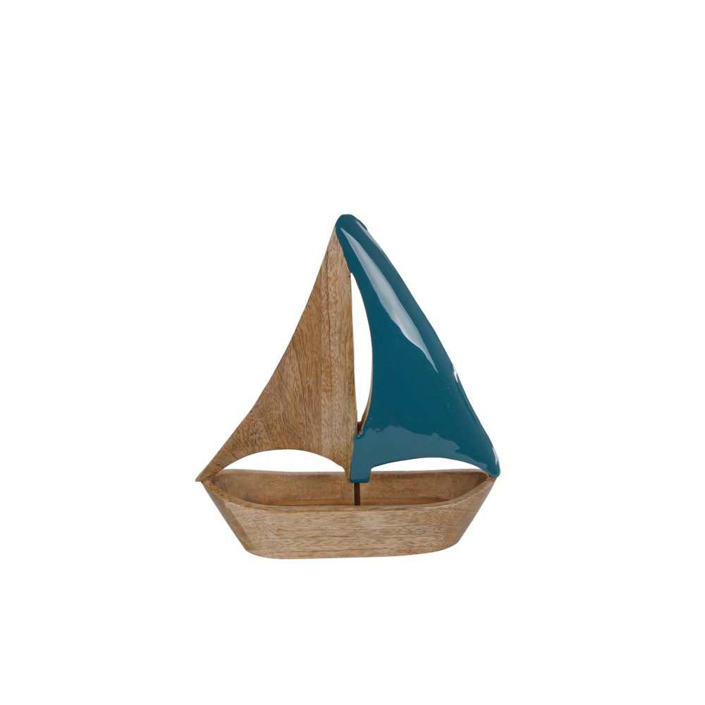 Sculptuur boot "Sail" small blauw/naturel mango 25x23x3 cm