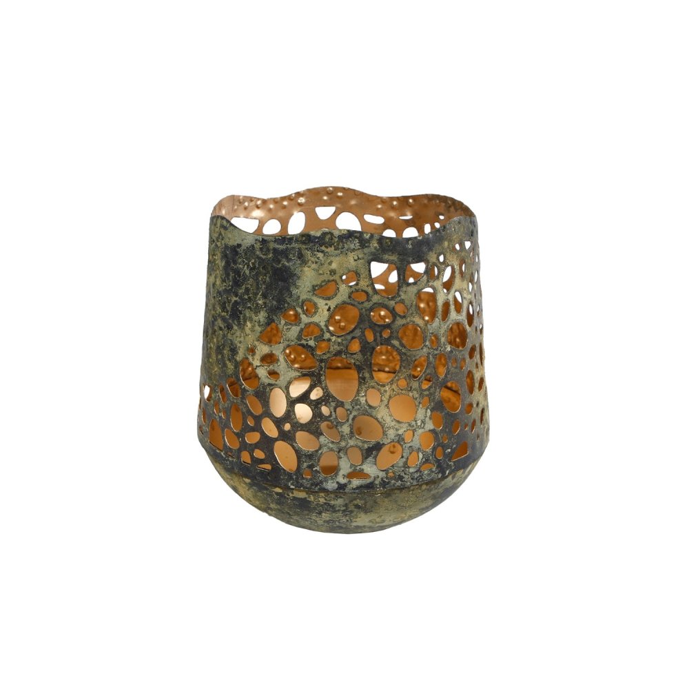 Theelichthouder Antoinet L groen/goud metaal 12x14x15cm