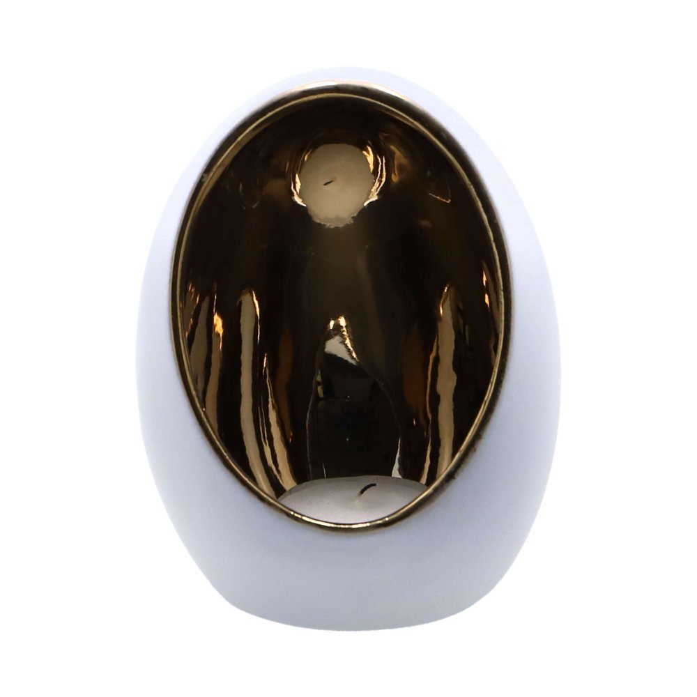 Theelichthouder Pim S goud/wit aardew 9,5x9,5 x12,5cm