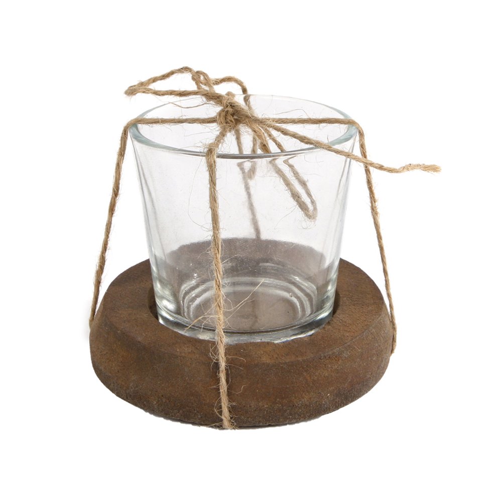 Theelichthouder Maro helder/naturel glas/hout 7,5x7,5x7cm