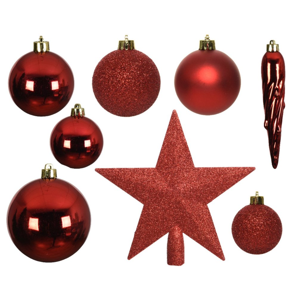 Kerstballen kunststof shiny, matt, glitter mix kerstrood 33 stuks in doos 8 cm