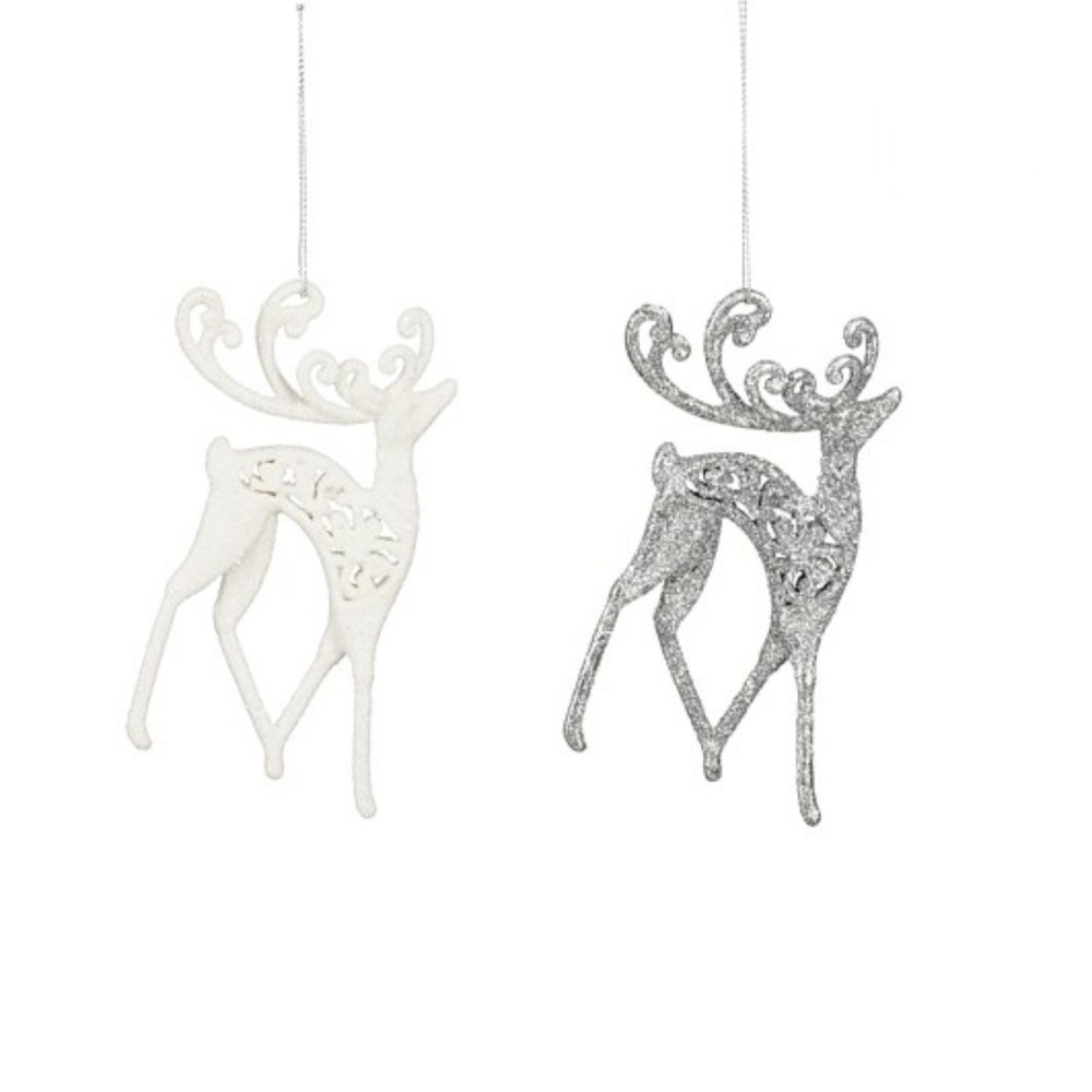 Kerst versiering hert wit zilver 2 stuks