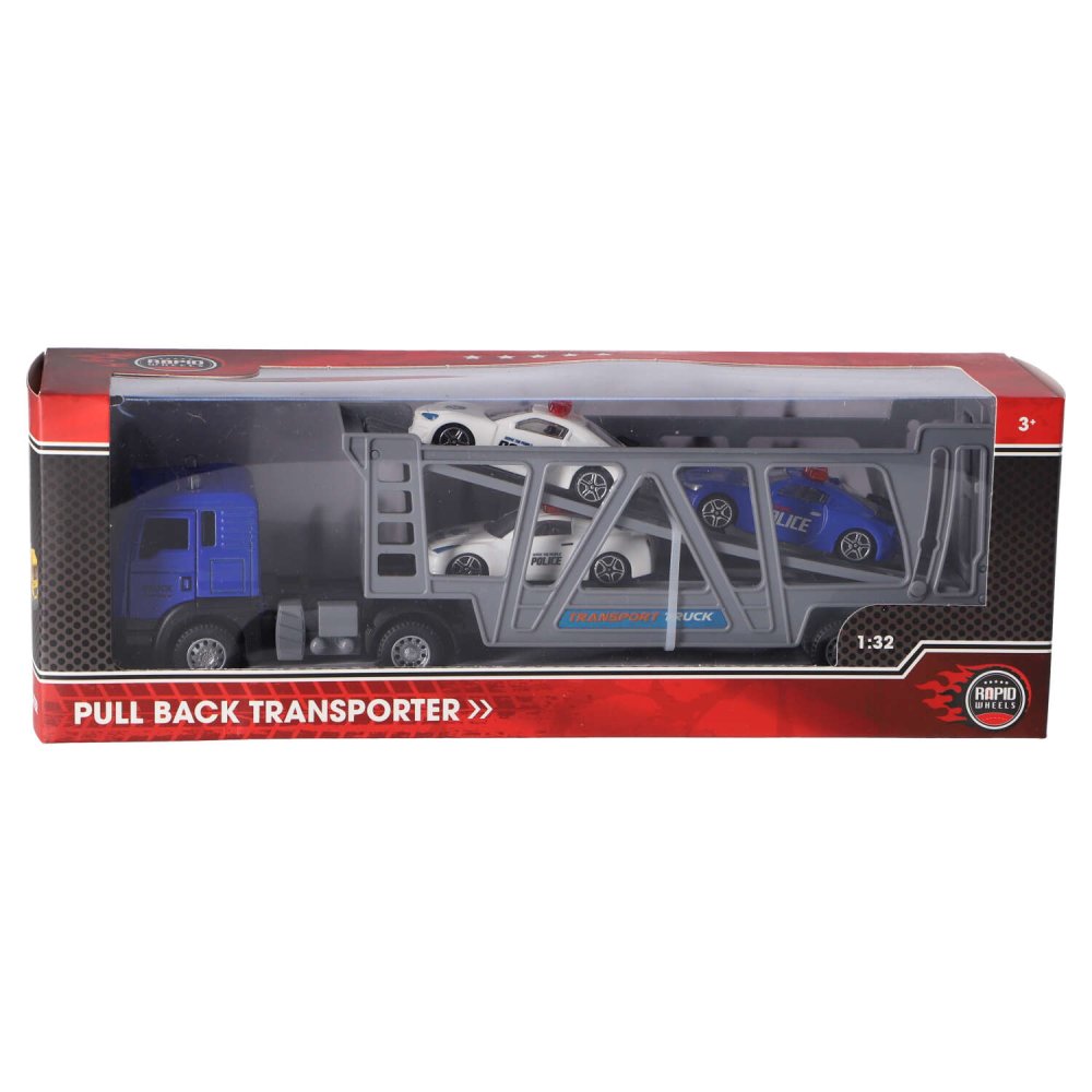 Rapid Wheels vrachtwagen pull back diecast met 3 auto's