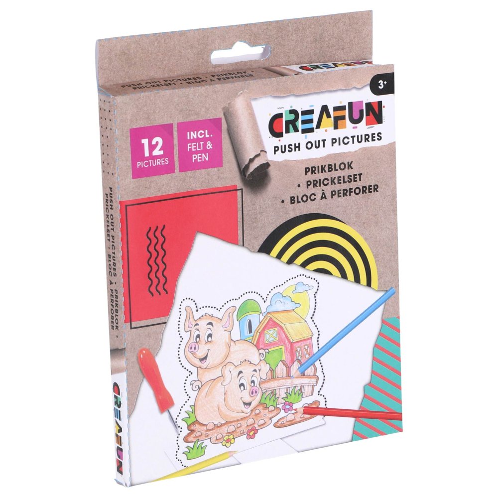 Creafun prikblok met prikpen en 12 sjablonen boerderij