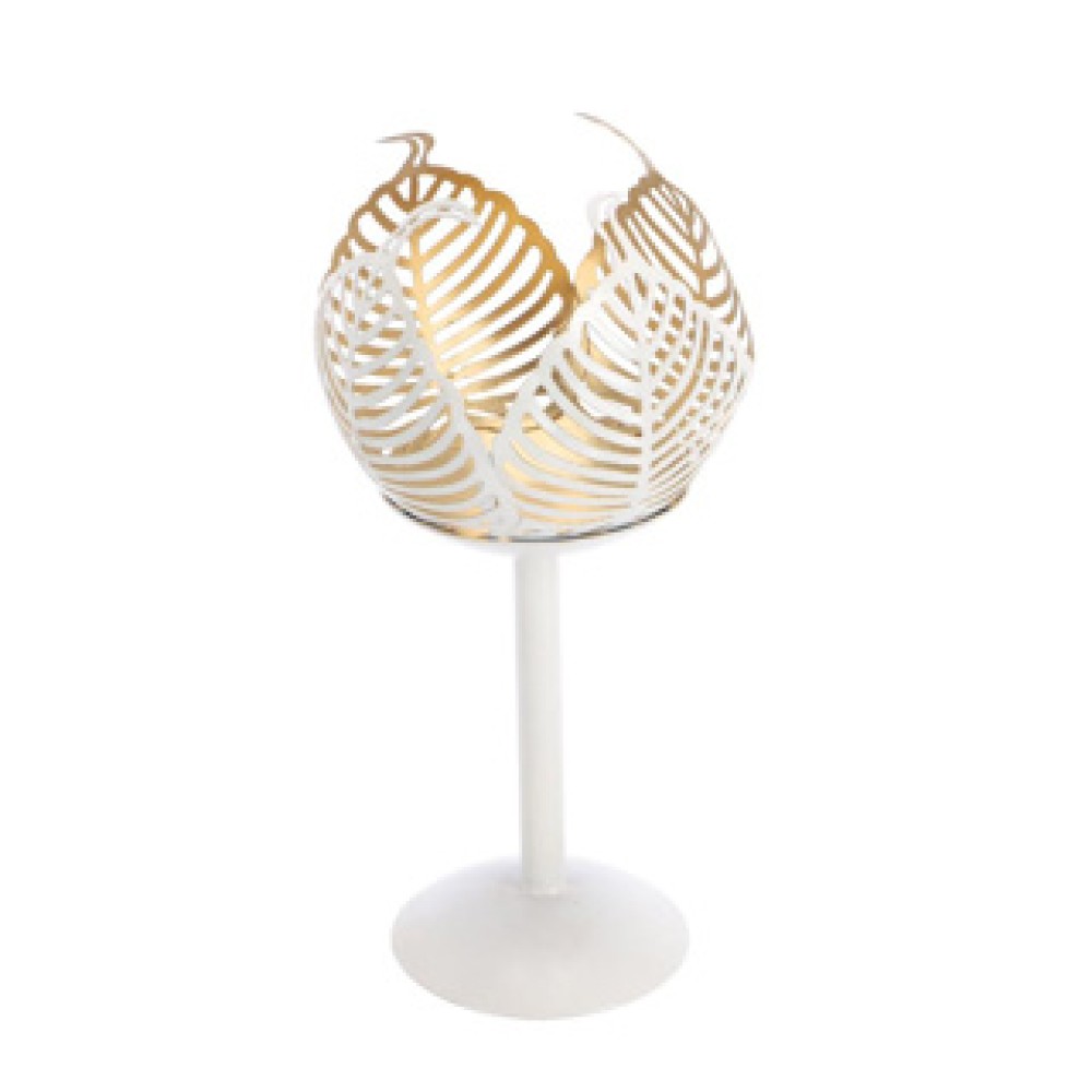 Tea light holder on foot Leaf Lina cream/gold metal 10x10x21cm