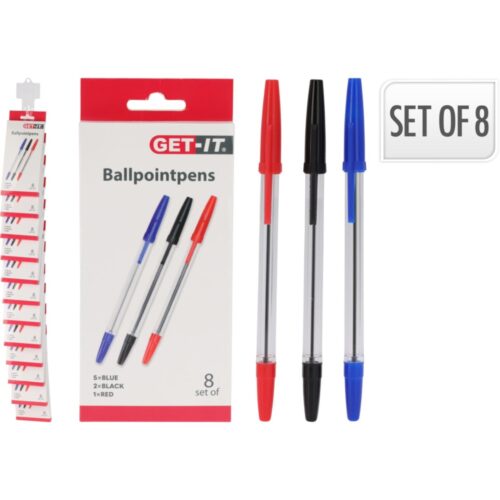 Ballpoint pens set of 8, red, black, blue