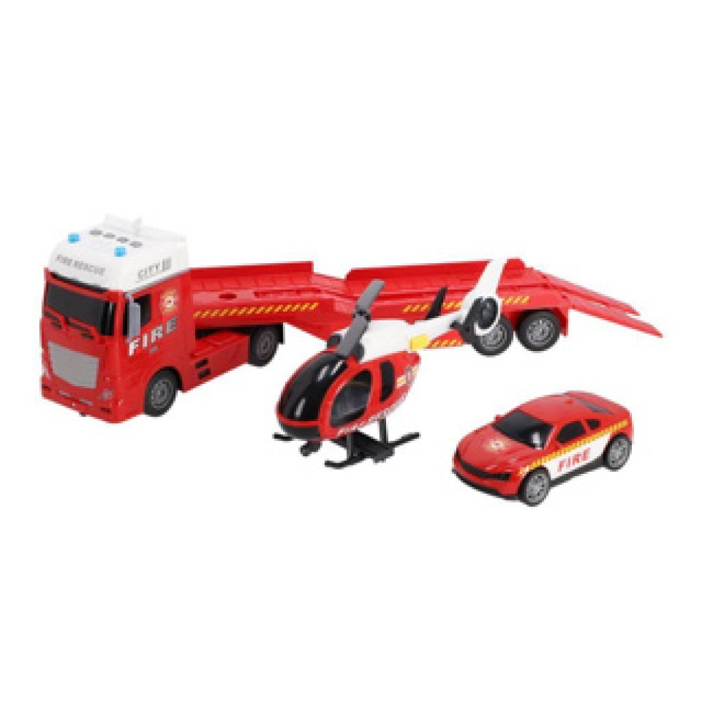 Rapid Wheels Autotransporter brandweer met auto en helikopter met licht en geluid en frictie