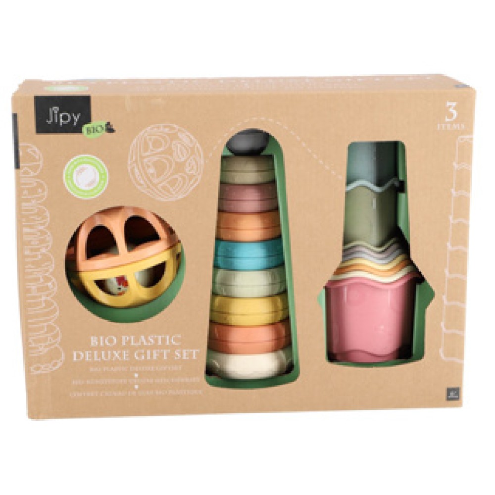 Jipy bioplastic Deluxe Giftset stack tower bath stack cups and play rattleball 3 piece
