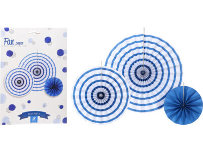 Waaier papier set van 3 blauw,
