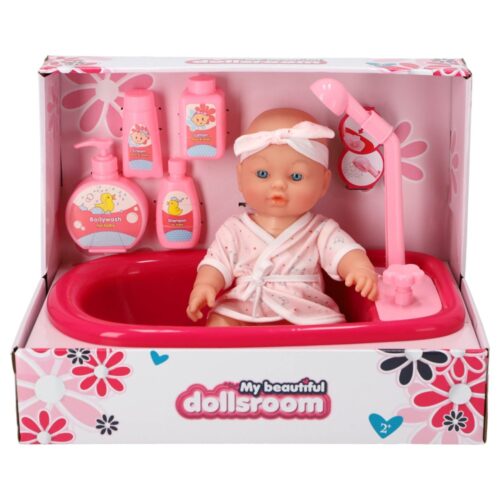 My Beautiful Dollsroom poppenbadje met  douchefunctie, pop en set van 5 accessoires