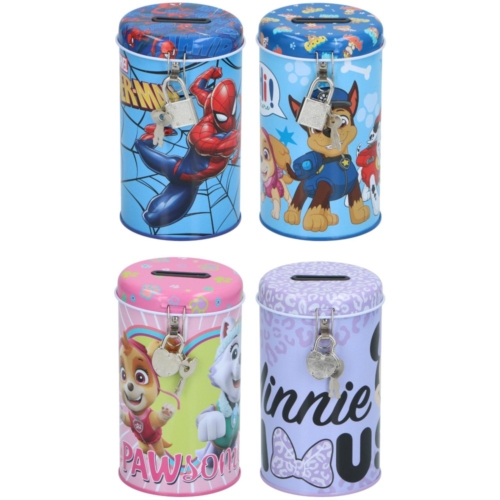 Spaarpot licentie met slot 4 assorti  Paw Patrol, Minnie Mouse, Spider-Man (assortiment – willekeurige uitvoering)